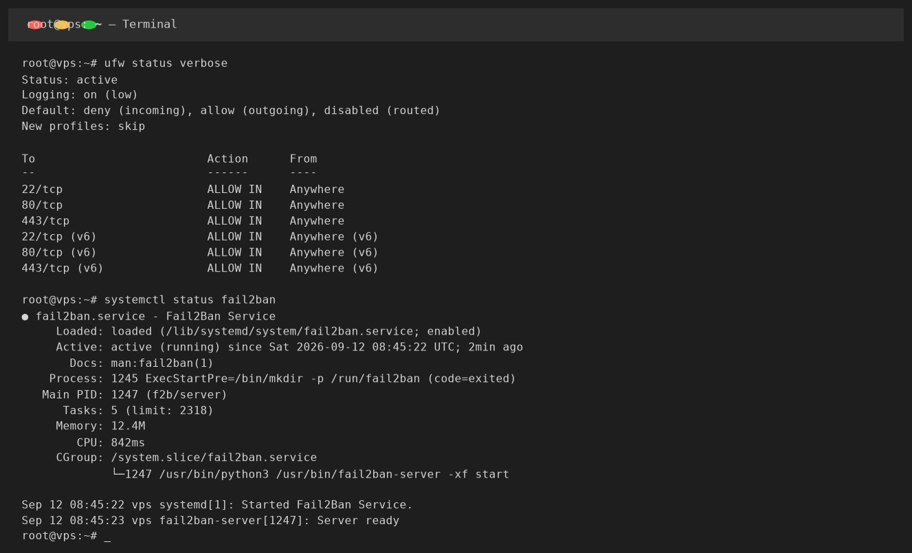 UFW firewall status and Fail2ban service running